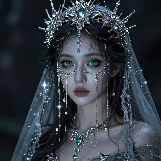 Digital artwork of a pale, ethereal woman with glowing blue eyes, wearing a sparkling, star-like silver crown and veil, adorned with diamond chains and