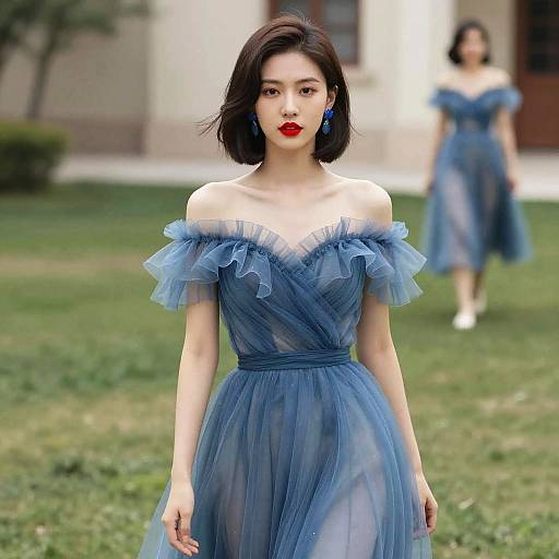 Photograph of an Asian woman with short black hair, wearing a blue off-shoulder tulle dress and red lipstick, standing on a grassy