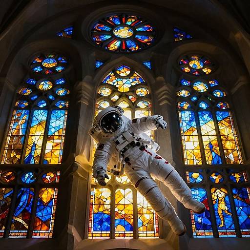 Photograph of an astronaut in a white spacesuit with a black helmet floating in front of colorful, detailed stained glass windows.
