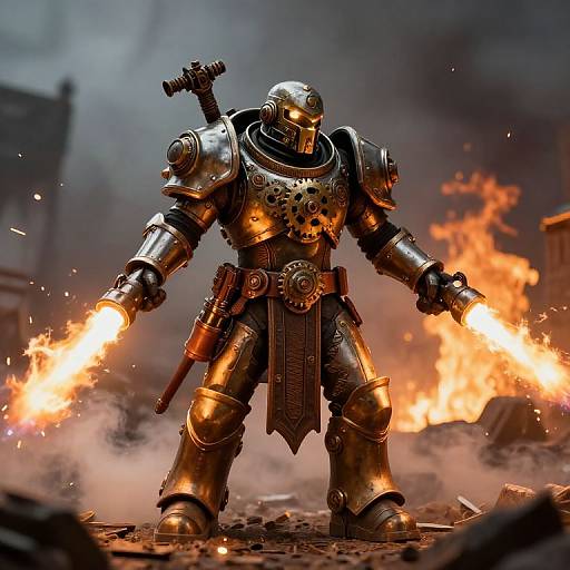 Digital artwork of a fierce, armored warrior with glowing eyes, firing dual guns, surrounded by intense flames and smoke in a battlefield.