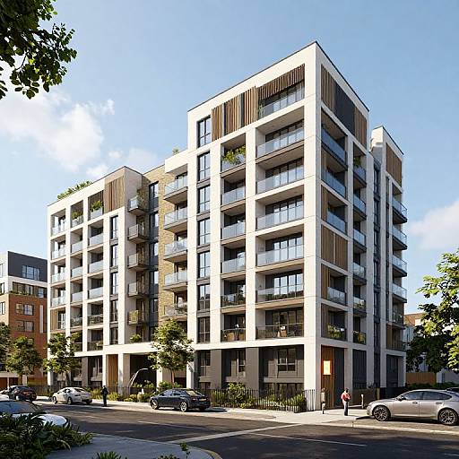 Photograph of a modern, five-story apartment building with white and brown facades, balconies, and large windows, situated on a sunny urban street