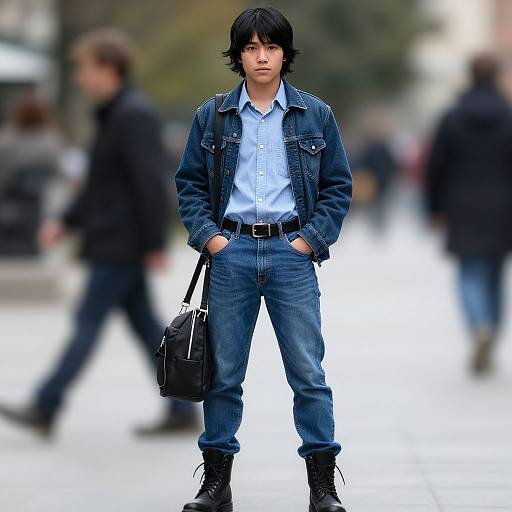 Photograph of an Asian man with black hair, wearing a denim jacket, light blue shirt, blue jeans, black boots, and a black bag,