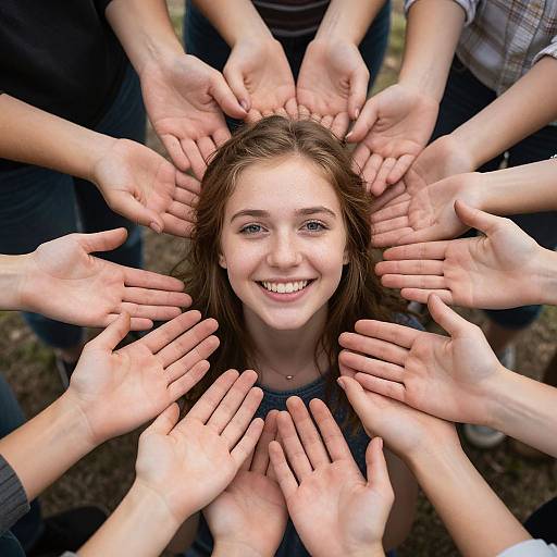 Photograph of a smiling young woman with light brown hair, surrounded by multiple hands reaching towards her from all directions.