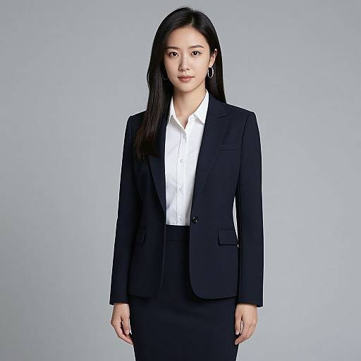 Photograph of an Asian woman with long black hair, wearing a black suit jacket, white shirt, and black skirt, standing against a plain gray background