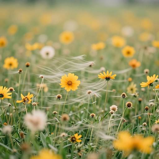 Photograph of a vibrant meadow filled with yellow and white daisies, their delicate petals swaying gently in the breeze, with a blurred green