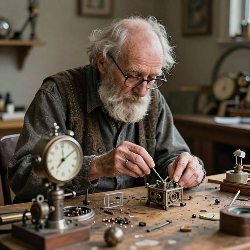 Photograph of an elderly white man with a white beard and glasses, wearing a dark, textured shirt, meticulously working on a mechanical watch at a clutter