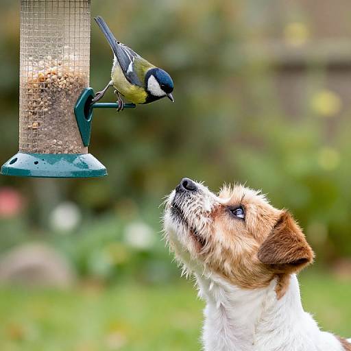 Photograph of a small, fluffy brown and white terrier dog with its mouth open, eagerly looking up at a blue and green bird feeder with a