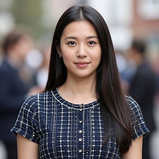 Photograph of an Asian woman with long black hair, wearing a black and white checkered dress, standing in a blurred urban background.