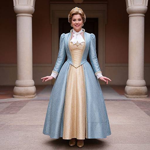 Photograph of a smiling woman in a blue and gold, long-sleeved, Victorian-style dress with a white ruffled collar, standing in a