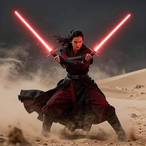 Photograph of a fierce, dark-haired woman wielding two red lightsabers, standing in a sandy desert, with dust swirling around her.