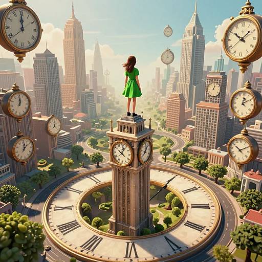 Digital illustration of a girl in a green dress standing on a giant clock tower, surrounded by oversized clock faces in a futuristic cityscape with skyscrapers