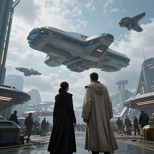 CGI image of a futuristic cityscape with flying spacecraft, two figures in dark and light robes standing on a wet street.