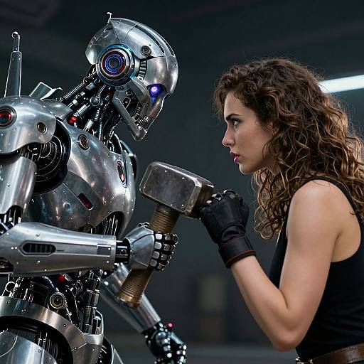 Photograph: A muscular, curly-haired woman in a black tank top and gloves punches a shiny, metallic robot with glowing blue eyes in a dimly