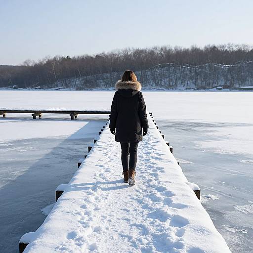 Photograph of a person in a black winter coat with fur trim, walking on a snow-covered icy pier, facing a frozen lake with a leafless