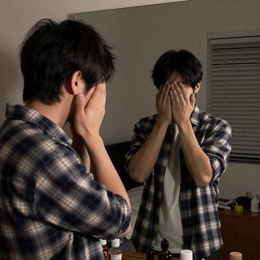 Young man covering face in front of mirror