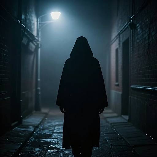Photograph: Silhouetted figure in hooded coat walks down a foggy, blue-lit, narrow alley with wet cobblestones and
