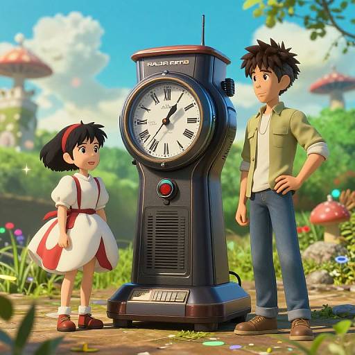 Digital illustration of a young girl in a white dress with red sash and a young man in green shirt, standing by a vintage clock in a colorful