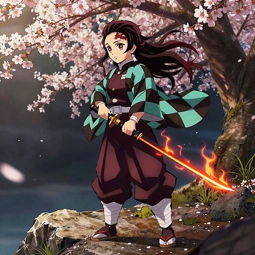 Anime-style drawing of a black-haired girl with red forehead mark, wearing black and teal kimono, holding a flaming sword, standing under cherry blossoms