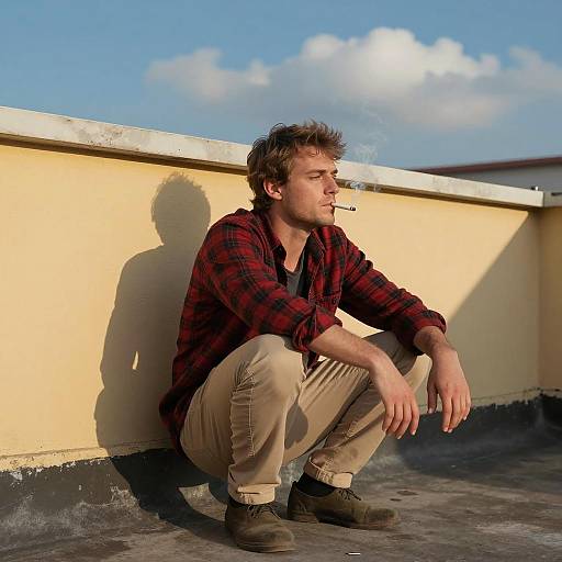 Crouching Man in Urban Rooftop Scene