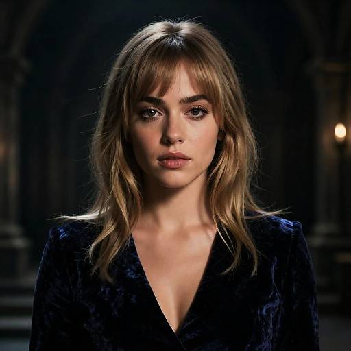 Portrait of Woman with Ash Blonde Wispy Bangs in Velvet Dress