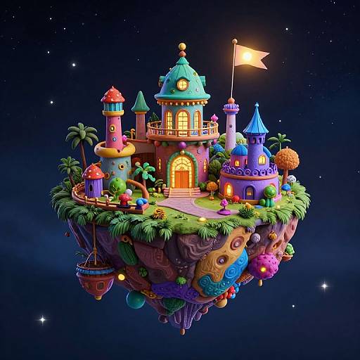 Colorful, whimsical floating island castle with vibrant buildings, glowing windows, flag, palm trees, and fantastical plants in a starry night sky