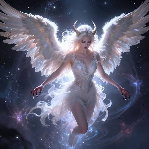 Digital painting of a radiant white-winged angel with glowing halo, flowing white dress, and red-tipped fingers, floating in a starry cosmos.