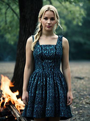 Blonde Woman in Blue Dress Standing by Campfire