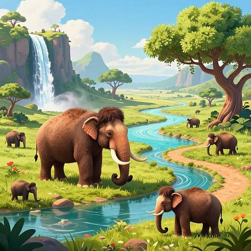 Colorful digital illustration of a lush, vibrant jungle scene with a large elephant standing in a winding blue river, surrounded by smaller elephants, a waterfall,