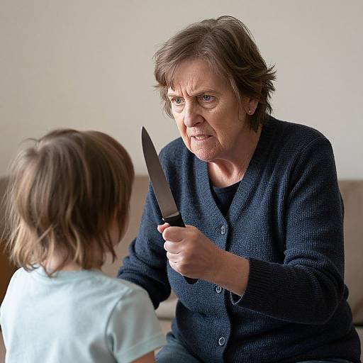 Middle-aged woman with short brown hair, wearing a dark blue cardigan, holding a knife, looks at a young girl with shoulder-length brown hair in