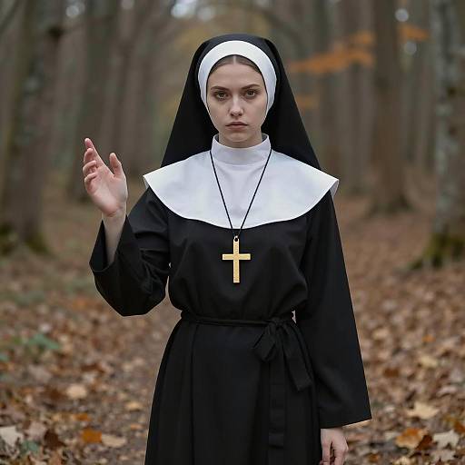 Young Nun in Forest with Cross Necklace