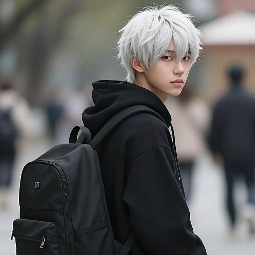 Photograph of a young, androgynous Asian male with white, spiky hair, wearing a black hoodie and backpack, looking over his shoulder