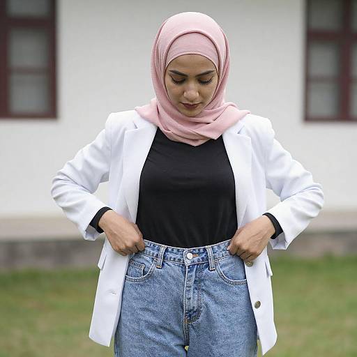 Young Woman in Pink Hijab Adjusting Jeans