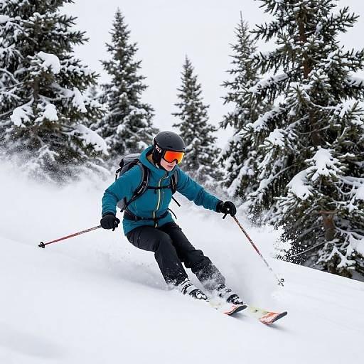 Photograph of a skier in a blue jacket, black pants, and orange goggles, skiing through snow-covered pine trees, holding poles.