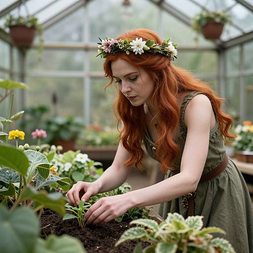 Photograph of a red-haired woman with a flower crown, wearing a green dress, tending to plants in a greenhouse.