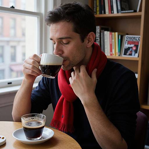 Photograph of a man with short dark hair, red scarf, sipping coffee, sitting at a wooden table in a book-filled café.