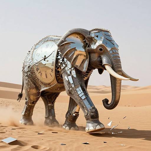 Digital artwork of a robotic, wireframe elephant with reflective metal plates, walking in a desert with sandy dunes and bright sunlight.