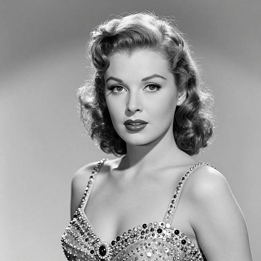 Black-and-white photograph of a 1940s-style woman with wavy, shoulder-length hair, wearing a sparkly, sequined dress, g