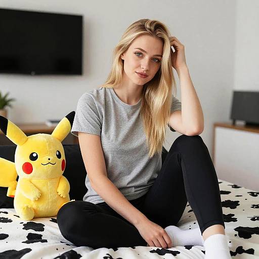 Photograph of a blonde woman in a gray t-shirt and black pants, sitting on a cow-patterned bed with a Pikachu plush toy beside her.
