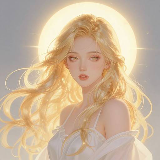 Digital art of a beautiful, blonde, angelic woman with glowing halo, wavy hair, light pink lips, and white off-shoulder dress