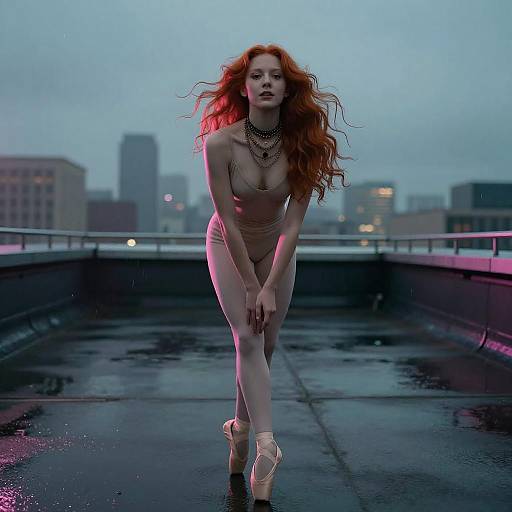 Neon Rooftop Ballerina at Twilight