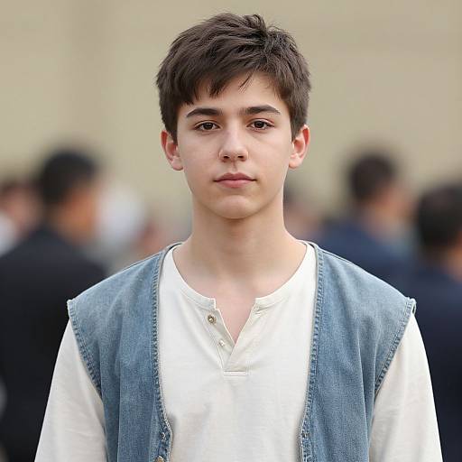 Photograph of a young, fair-skinned boy with short, dark brown hair, wearing a white henley shirt and blue denim vest, standing in