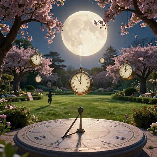 Photograph-like digital artwork of a clock tower under a full moon, surrounded by cherry blossom trees, with hanging pocket watches.