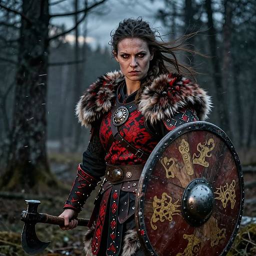 Photograph of a fierce, fair-skinned female warrior with long brown hair, wearing red-black plaid fur-trimmed armor, holding a shield