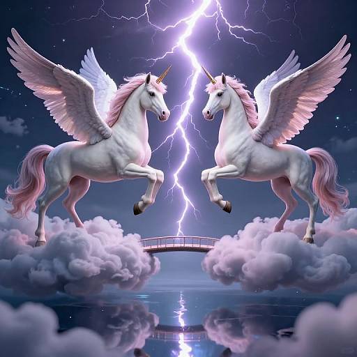 Digital artwork of two white winged unicorns with pink manes, rearing on fluffy clouds, facing each other under a bright purple lightning bolt against