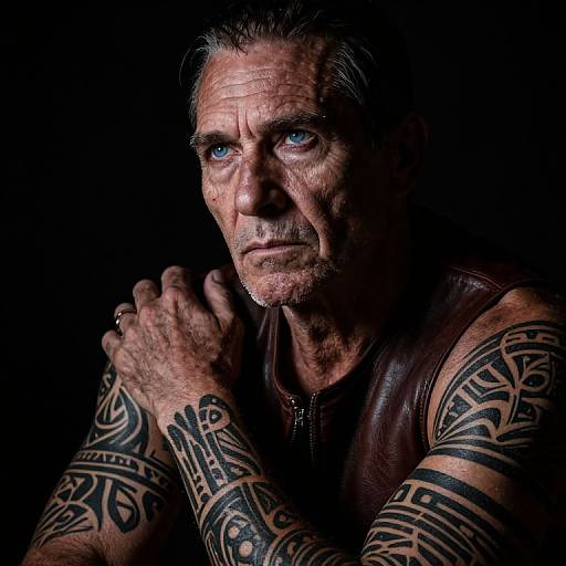 Photograph of a muscular, middle-aged man with blue eyes, gray hair, and intricate tribal tattoos on his arms, wearing a brown leather vest,