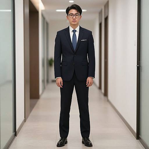 Photograph of an Asian man in a black suit, white shirt, blue tie, and black glasses standing in a modern, white-tiled hallway.