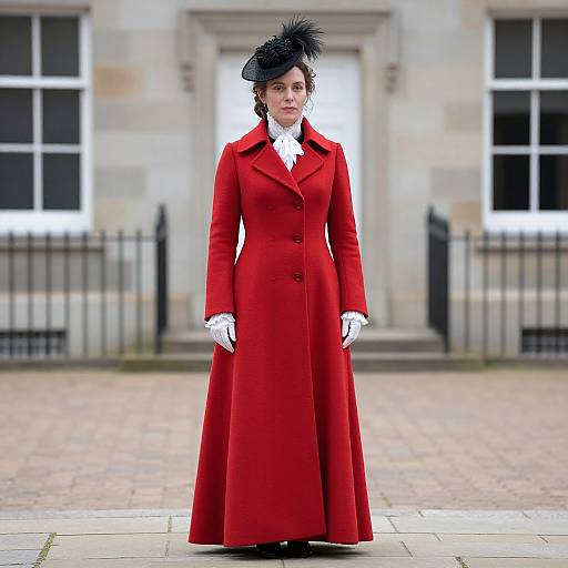 Photograph of a woman in a long, bright red coat, white gloves, black hat, and white scarf, standing in front of a stone building