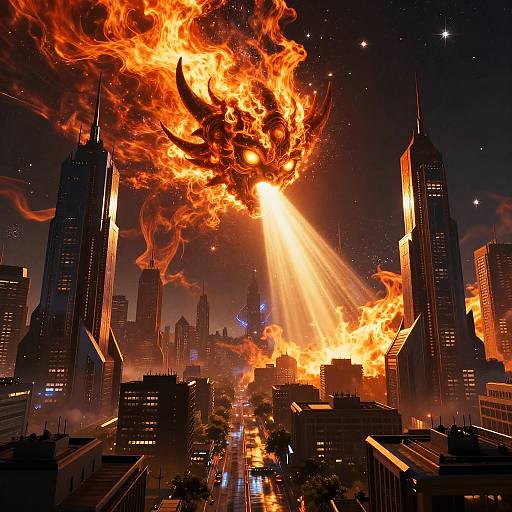 Digital artwork of a cityscape engulfed in fiery destruction, with blazing orange flames and a dragon-like figure emerging from the night sky, towering skyscrap