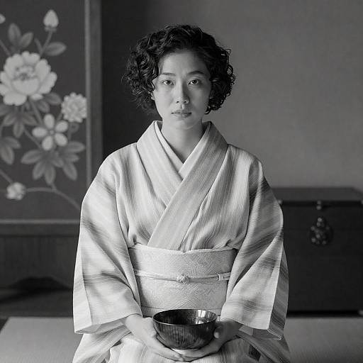 East Asian Woman in Kimono Holding Bowl