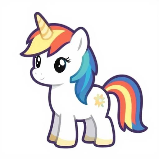 Digital drawing of a cute, white unicorn with a rainbow mane and tail, large black eyes, and a yellow star cutie mark.